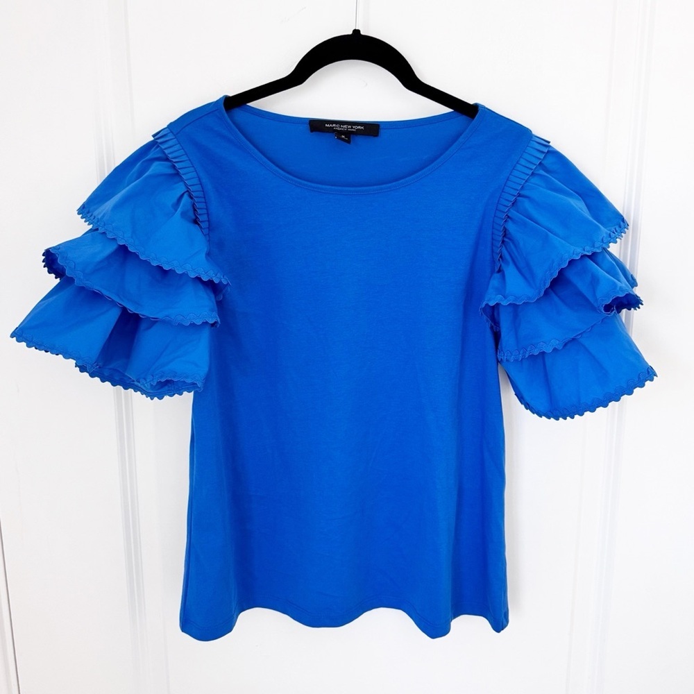 Marc New York Andrew Marc Cobalt Blue Ruffled Blouse with Short Sleeves Size Med